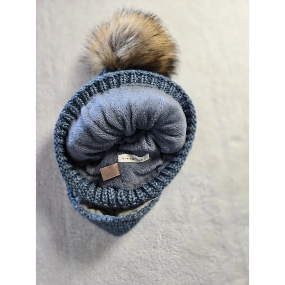 Anthropologie Blue Cable Knit Beanie Faux Fur Pom Fleece Lined Face Mask Button